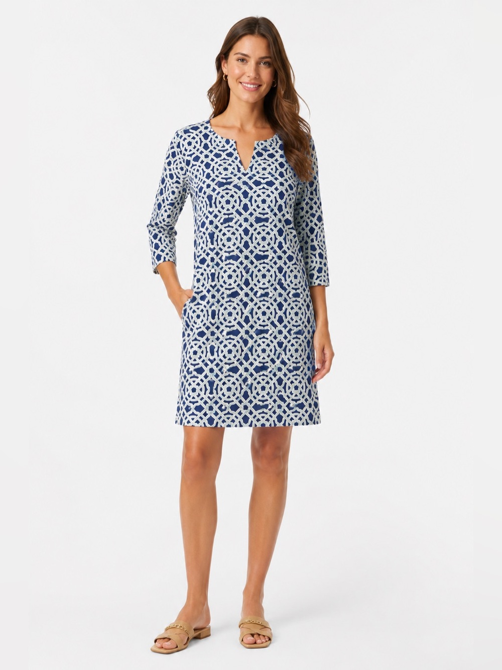 J.McLaughlin Blue Geometric Print Stretch Knit Shift Dress 3/4 Sleeve | Large